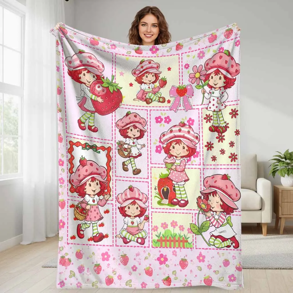 Strawberry Shortcake Flannel Blanket Sweet Fruit Berry Girl Print Plush Throw Super Soft Lightweight Cozy Bedding for Bedroom Living Room Sofa Couch Travel Camping Gift Ideas Anniversary Birthday Home Decor Aesthetic Room Ornament