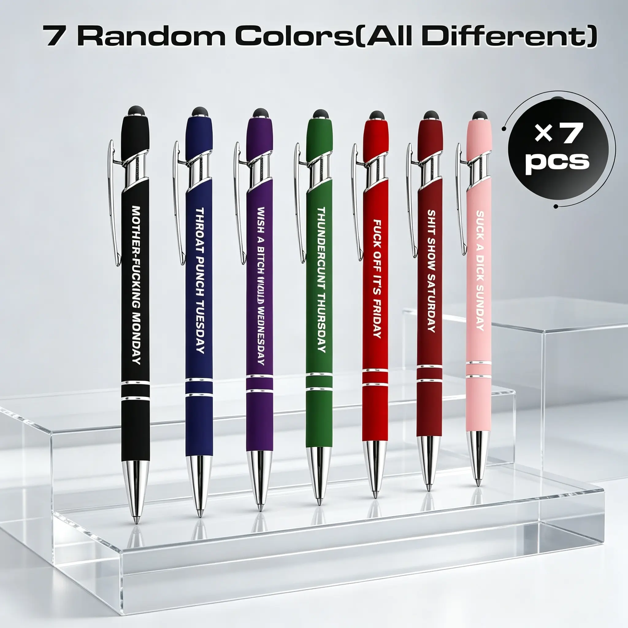 7PCS Unisex Humorous Swear Word Weekly Mood Ballpoint Pen Set - 2-in-1 Retractable Black Ink Stylus, Smooth Writing Daily Use Stationery Tools, Unique Pens to Express True Thoughts for Coworkers