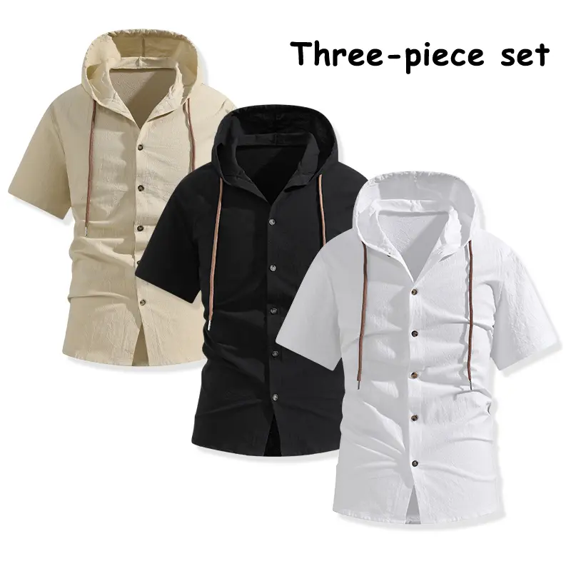3-piece set: hooded button-down shirts, short-sleeve casual tops with drawstrings, lightweight loose-fit shirts for men