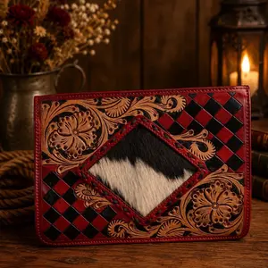 Tooled Red Checkered Cowhide Leather Crossbody Bag