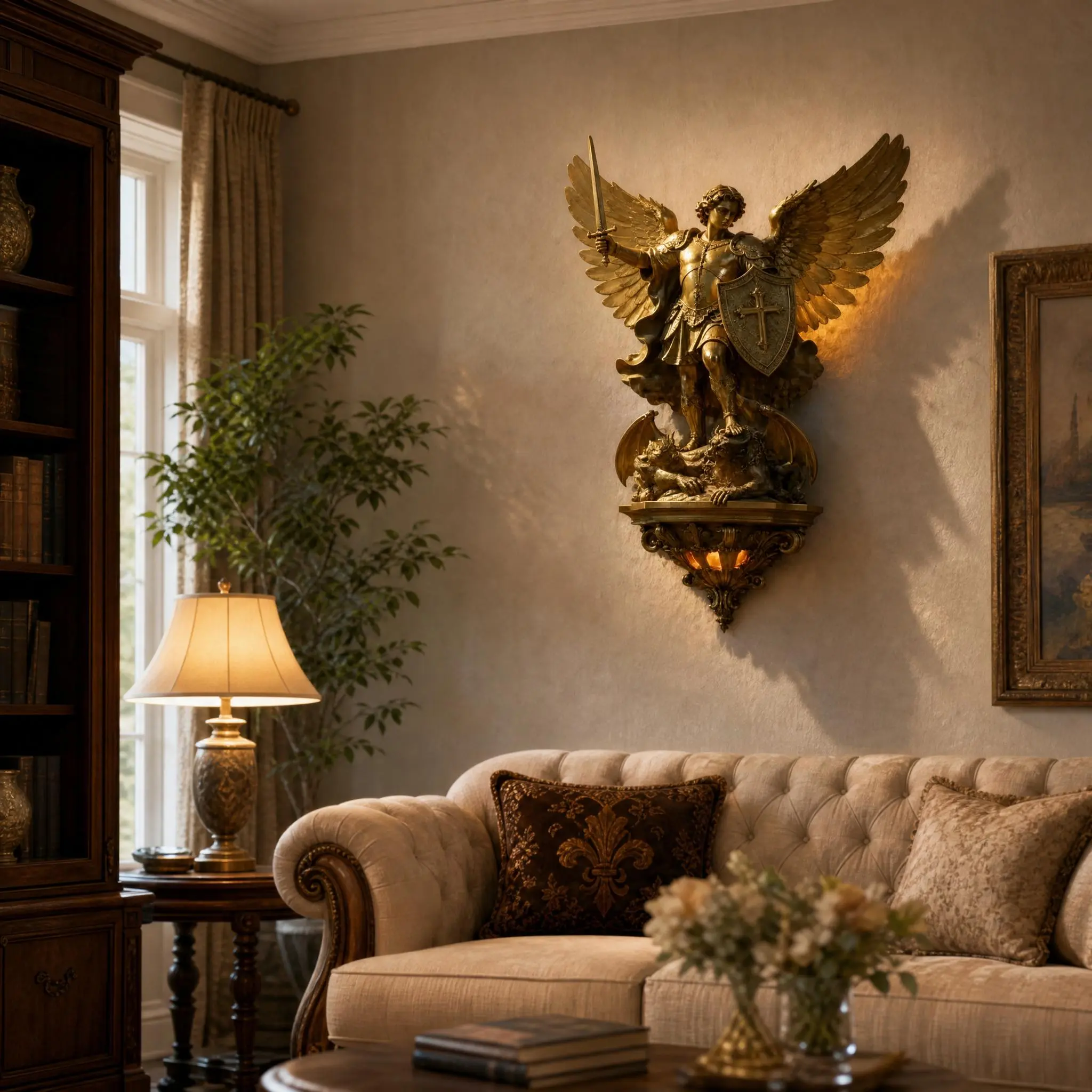 Vintage Golden Archangel Michael Wall Sculpture with Built-in Light, Religious Saint Statue Wall-Mount Decor for Living Room, Classic Home Ornament