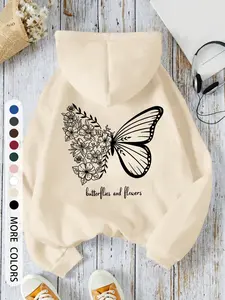 Women's Hooded Drawstring Sweatshirt with Large Pocket, Butterfly & Flower Print, Comfortable Casual Fashion, Fall & Winter Wear