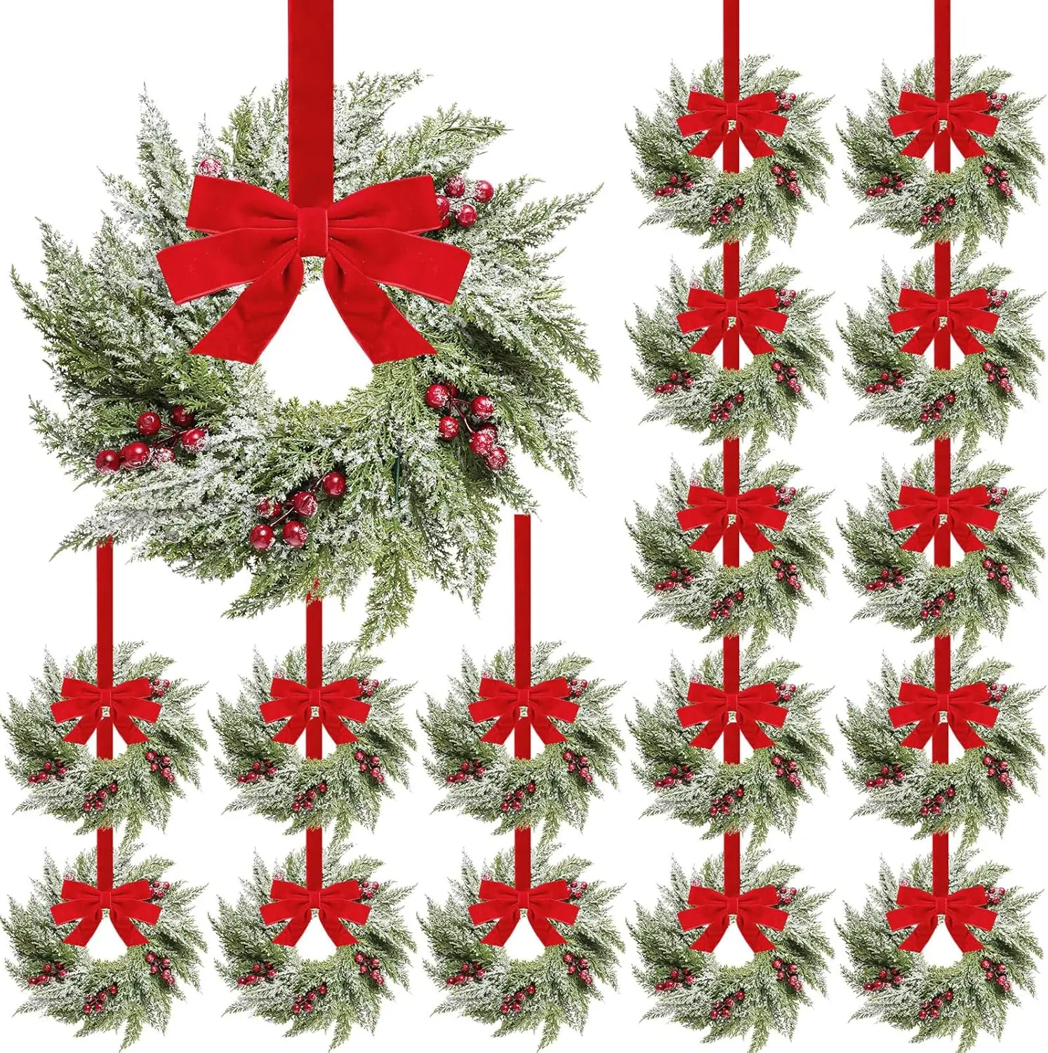 15-Inch Small Norfolk Christmas Wreath with Bow Ribbon, Cedar Berries - Festive Home Decor Ornaments for Kitchen Cabinet, Front Door, Farmhouse Decor