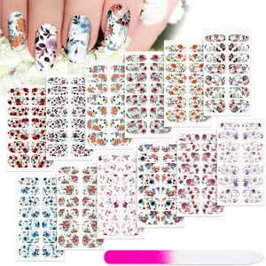 168 Pcs 12 Sheets Full Wraps Nail Polish Stickers Flower Print Self-Adhesive Nail Decal Strips with File Manicure Kits Colorful Flower Full Cover Decal Strips for Women DIY Decoration(Bright Style)