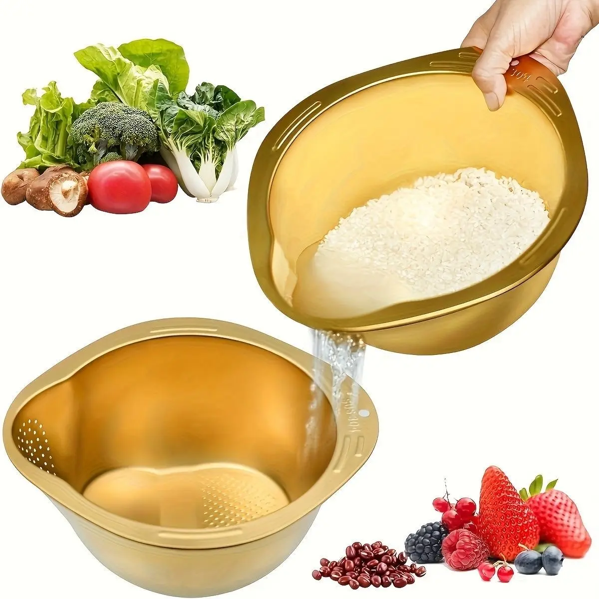 304 Food Grade Stainless Steel Rice Strainer, Multifunctional Rice Strainer, Sloped Bottom, Multi-Functional Kitchen Basket, Kitchen Gadgets, Ideal for Outdoor Picnics and Home Use