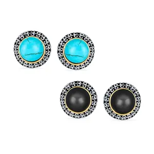 Set of 2 Balinese Button Style Clip-On Earrings in Simulated Turquoise and Onyx