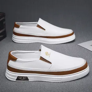 Men's Stylish Slip-On Loafers White PU Upper with Brown & Golden Accents Non-Slip Rubber Sole Comfortable Casual Shoes for Everyday Wear Soft soled soft faced flat shoes