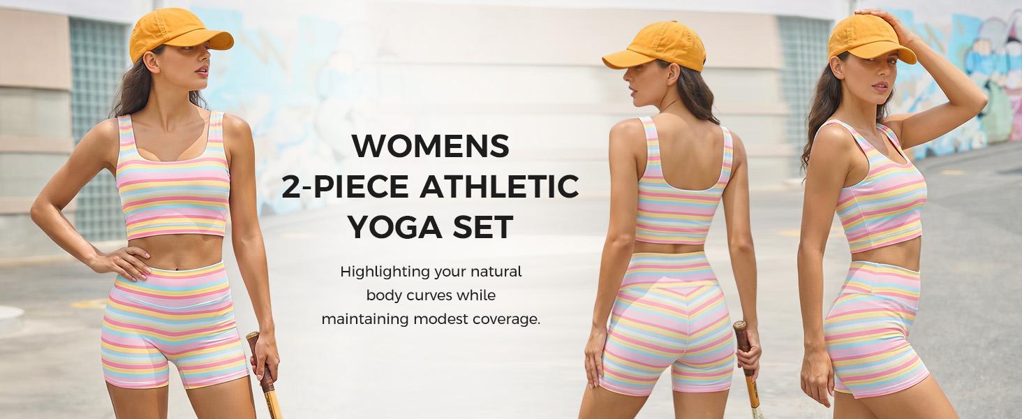 FISOEW Women’s Rainbow Stripe 2 Piece Workout Set Sleeveless Crop Tank Top High Waist Biker Shorts Matching Lounge Outfit