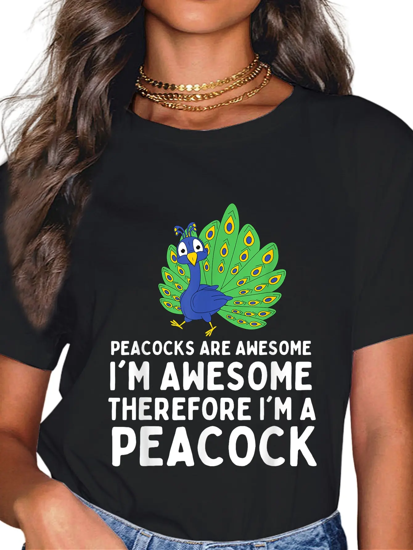 Women's 100% Cotton Short-Sleeve Round Neck Everyday Funny Graphic T-Shirt, Cute Peacocks Design for Peacock Lovers