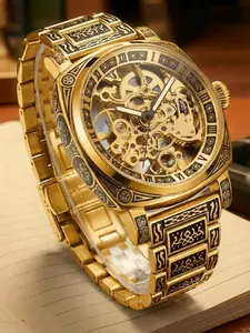 Men's Vintage Engraving Design Analog Mechanical Watch, Fashion Skeleton Automatic Watch for Party, Daily Clothing Decor, Trendy All-match & Exquisite Watch for Birthday Gift with Box