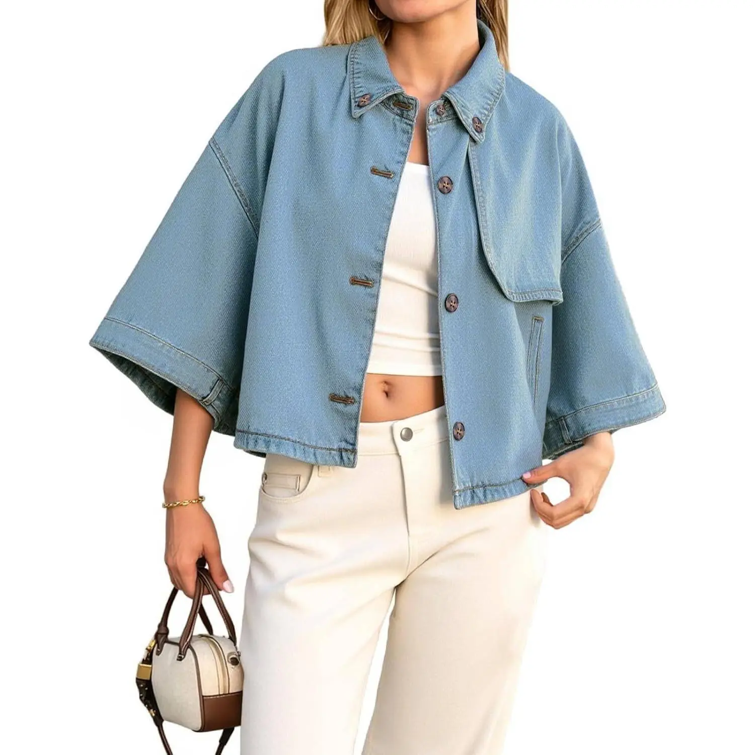 PiePieBuy Women's Chic Collared Cropped Oversized Jean Shacket - 3/4 Sleeve Button-Down Casual Coats with Pockets, Trendy Women's Jackets Tops Outerwear, Jean Jacket, Womens, Basic, Alternative Style, Casual Ootd, Chic Casual