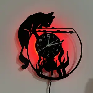 Curious Cat Vs Goldfish Vinyl Silent Wall Clock, Cat Theme, Quiet Clock, Pet Coffee Shop Decor, Birthday Surprise Gift