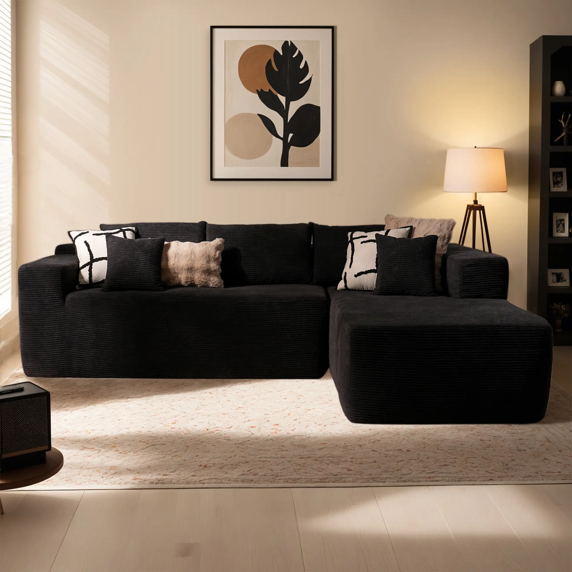 Black Corduroy Right Chaise| L-Shaped Sofa