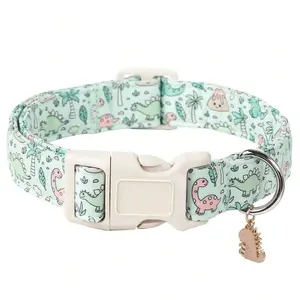 1pc Cute Cartoon Animal Printed Soft & Comfortable Pet Collar, Featuring Dinosaurs, Ducks, Flamingos, Sea Life, Random Prints, Suitable For Indoor & Outdoor, With Plastic Buckle & Hanging Ornament, Beige