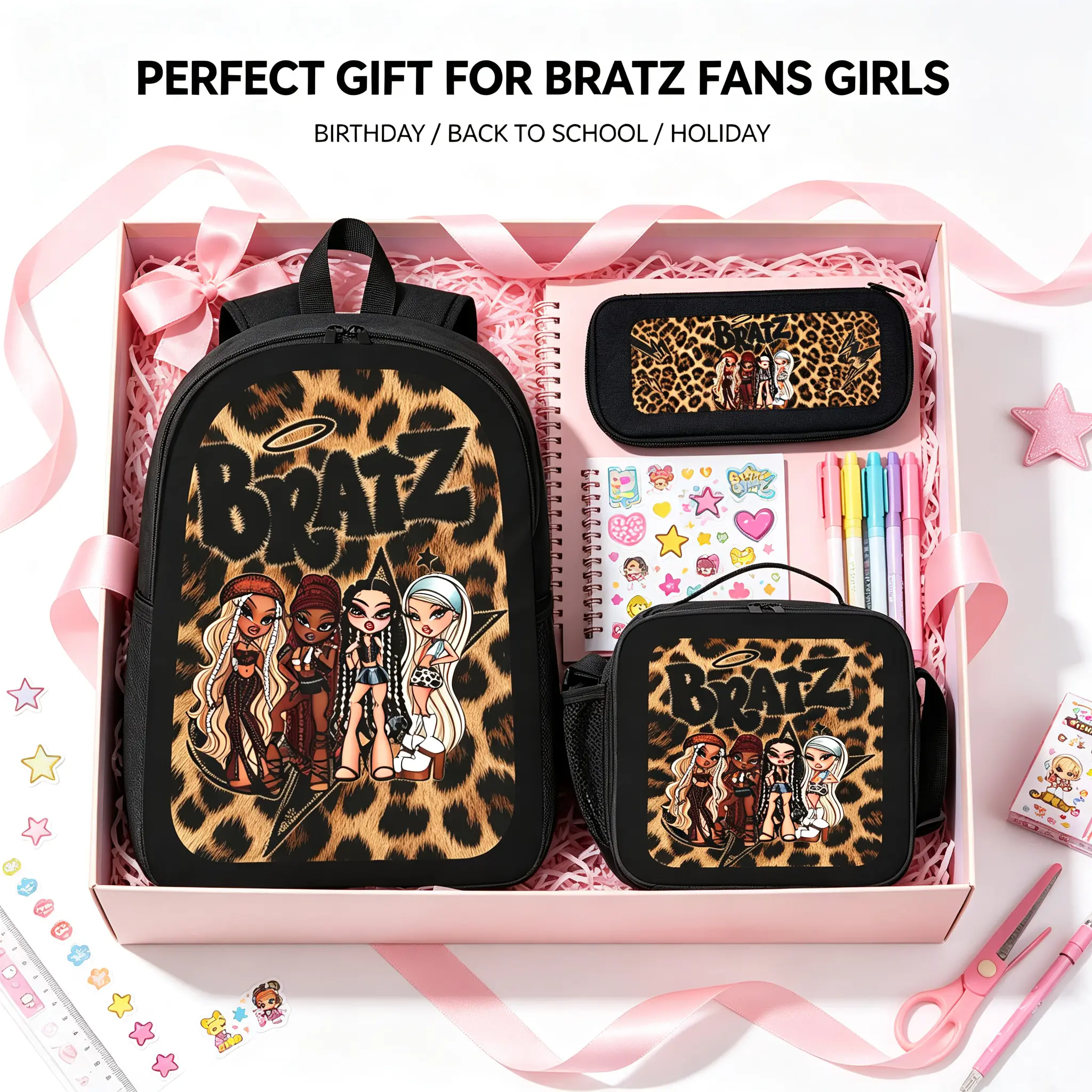 BRATZ 3-Piece Backpack Set for Girls - Insulated Lunch Box, Pencil Pouch, Lightweight Large Capacity, Y2K Leopard Graphic, Multi-Function Back to School Travel Daypack