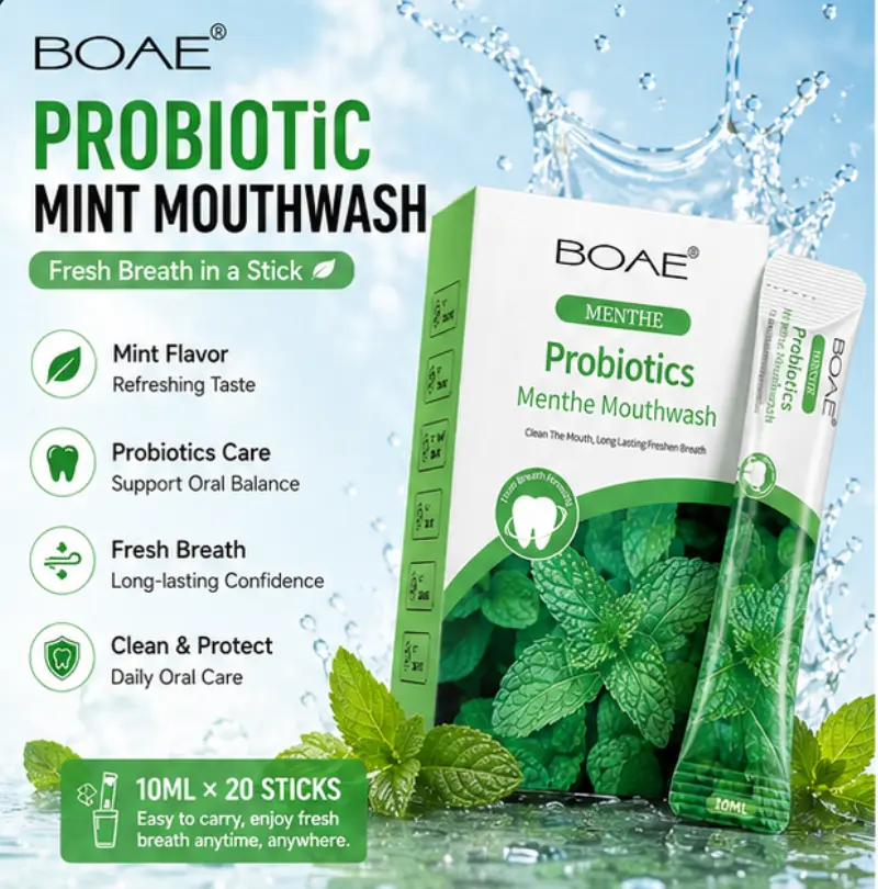 Probiotic Mint Mouthwash, Fresh Breath Oral Rinse, Portable Daily Mouthwash Sticks, Mint Flavor Oral Care 10ml × 20pcs
