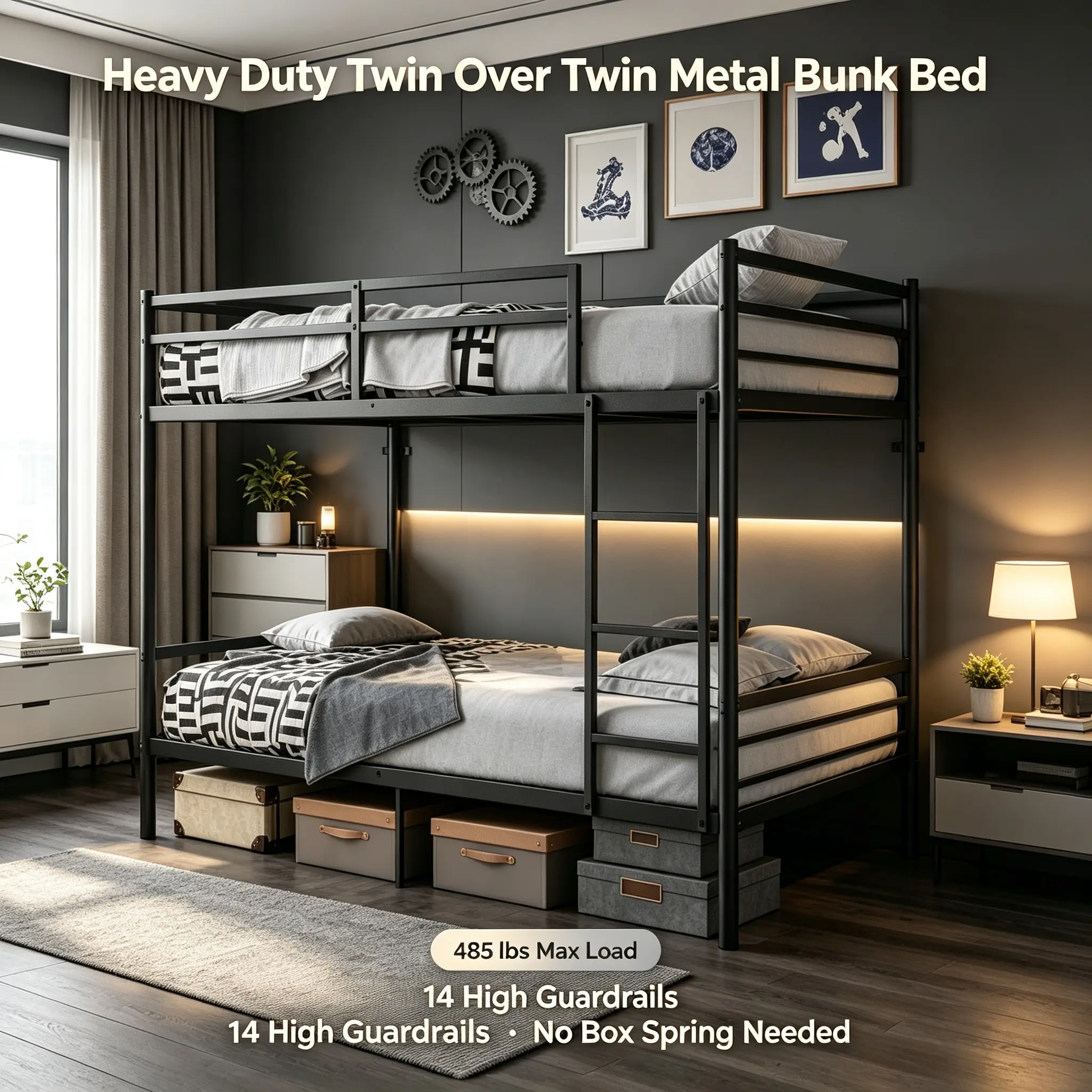 Twin Over Twin Metal Bunk Bed Frame with Guardrails & Under-Bed Storage. Heavy-Duty Steel Construction, 400LBS Per Bunk Support, 19 Crossbars Each Level, No Box Spring Needed, Durable Powder-Coated Finish.