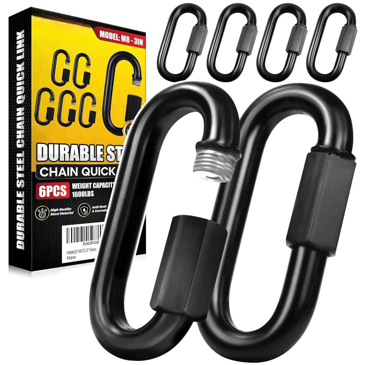 6 count 3" Heavy Duty Chain Quick Links, 1600 LBS Weight Capacity, Durable, Anti-Rust, High Strength Chain Connector, Carabiner for Big Chain Connecting, Hammock Hanging, Hiking, Camping