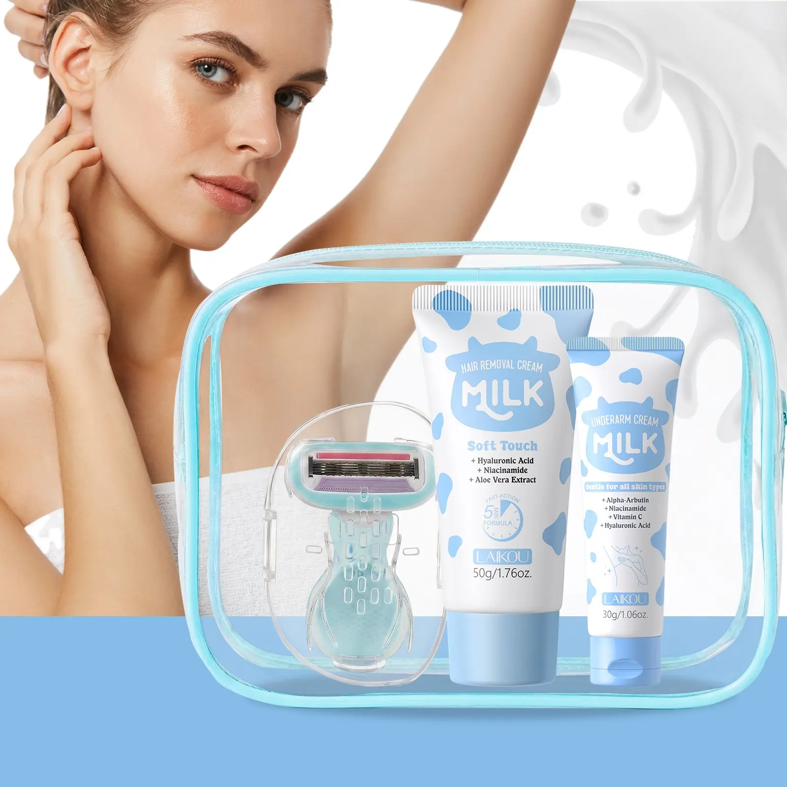 LAIKOU Milk Underarm Hair Removal Set with 50g Depilatory Cream, 30g Post-Care Cream, Razor & Waterproof Pouch, Gentle Hair Removal & Skin Soothing Body Care Kit with Aloe Vera, Niacinamide & Vitamin C for Women