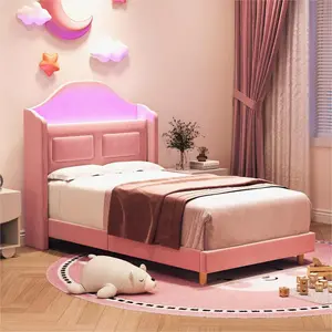 Upholstered Twin Bed Frame with LED Lights Velvet Platform Bed Frame with Wing Back Storage Headboard Wood Slats Support No Box Spring Needed Easy Assembly Pink Bedroom Furniture