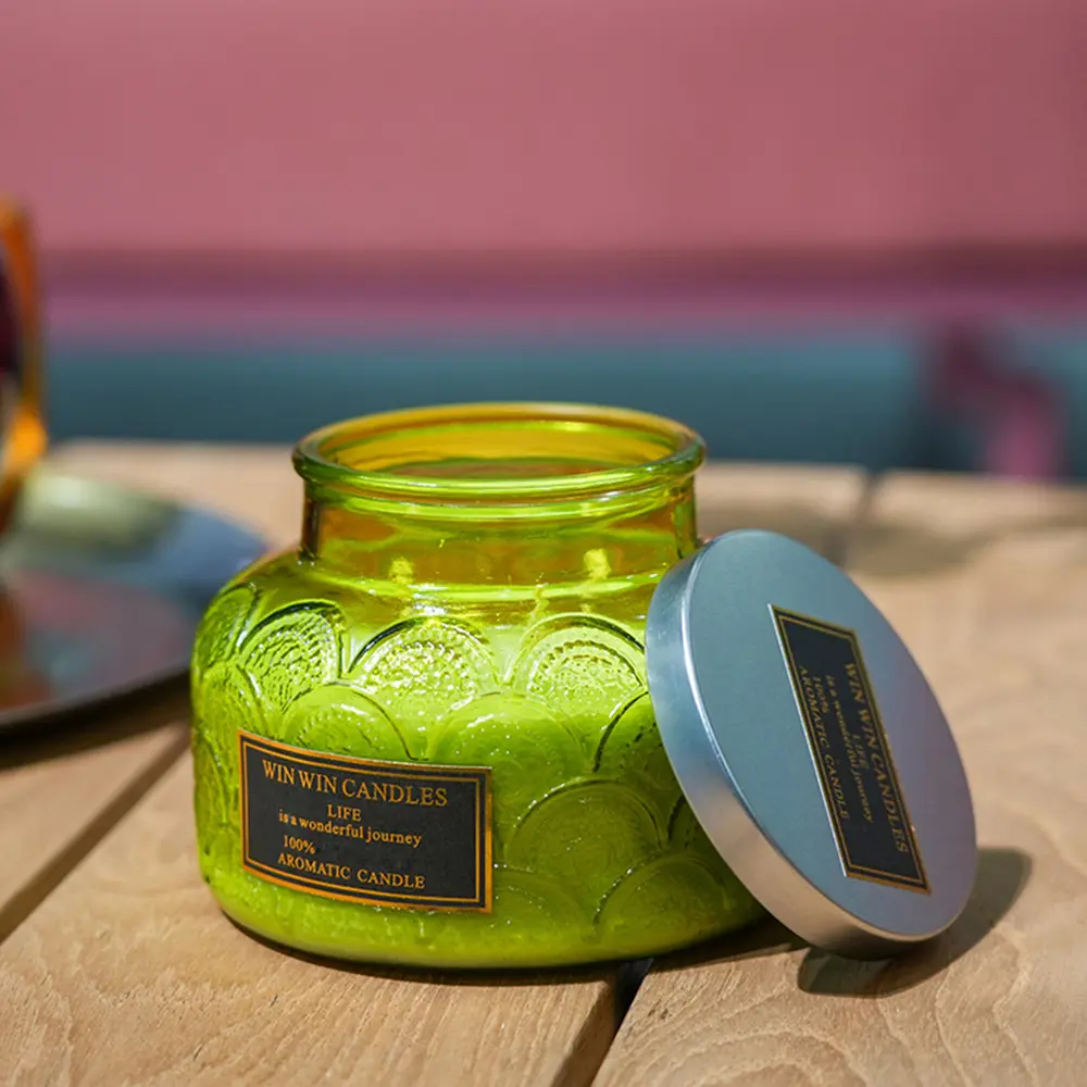 Extra Large Natural Soy Wax Aroma Scented Candle - Vintage Embossed Green Geometric Glass Jar with Metal Lid, 2 Fragrances (Rose & Lavender), Casual Juneteenth Relaxation Deodorant Home Decor Gift Candle, Daily