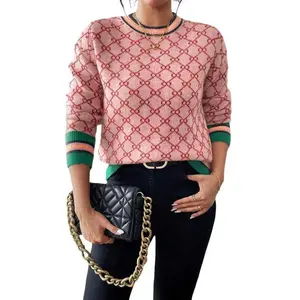 Women's All Over Geometric Print Contrast Binding Sweater, Casual Colorblock Striped Print Long Sleeve Round Neck Jumper for Fall & Winter, Fashion Ladies' Knitwear for Daily Wear, Womenswear, Clothes for Women, Longsleeves Tops, Casual Fashionable Top