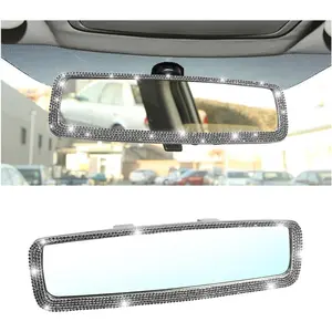 Bling Car Rearview Mirror, Decorations Rear View Mirror with Crystal Rhinestones & Diamonds, Car Interior Trim Accessories, Clip-on & HD Glass, Sparkly Gift for Mother Women Girls (Black)