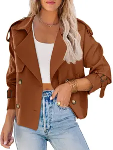  Women Crop Double Breasted Trench Coat Raglan Sleeve Work Office Cropped Jacket With Pockets
