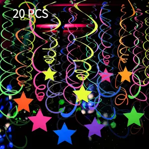 20 Reflective Neon Vortex Decorations - Colorful Hanging Tassels for Ceiling, Star-Shaped Glow, Suitable for Dark Parties, Birthdays, and Events, No Electricity Required, Blacklight Neon Decorations