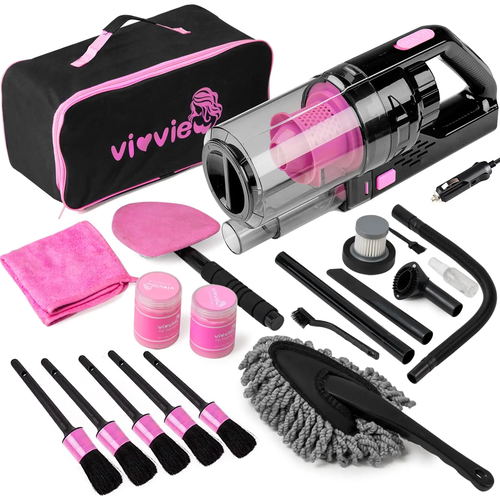 【summerfinds】Vioview Car Cleaning Detailing Kit Interior Cleaner, 14Pcs Car Cleaning Supplies with High Power Portable Car Vacuum Cleaner, Detailing Brush Set, Windshield Cleaner, Pink Car Accessories for Women，Summervibes