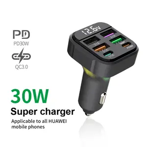 Car Charger Adapter 6 in 1 Multi Port USB C Car Charger Adapter PD 30W QC 3.0 and 5 Other Ports Super Fast Charging Cigarette Lighter Adapter