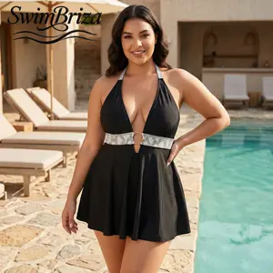 Briza｜Women's Plus Size Halter Plunge One Piece Swimsuit Black Snakeskin Belt Cutout Bathing Suit Fancy Resort Vacation Beach Swimwear, Women's Swimwear, Bathing Suit for Women, for Women Beach Pool Summer Vacation Resort Cruise Swimwear