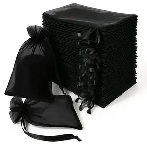 100 Pack Black Organza Drawstring Gift Bags, 6" x 9" – Wedding Party Favor Bags