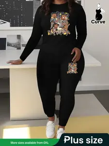 [Plus Size] Two-Piece Set Cartoon Figure Letter Print Tee & Elastic Waist Pants, Casual Round Neck Long Sleeve Top & Trousers for Daily Wear, Women's Two-piece Outfits for Fall & Winter Womenswear