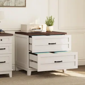 Garvee Lateral File Cabinet with Two Deep Drawers, Farmhouse Wooden Large Filing Storage Cabinet with Hanging for Legal, Letter, A4 Sizes, Thick Tabletop, Sturdy Frame, White & Retro Brown for Home Office