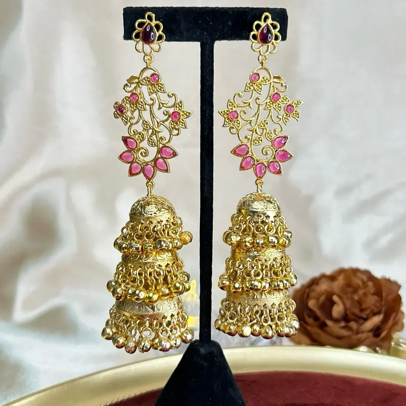 Beautiful Gold Three Layered Kashmiri Jhumka