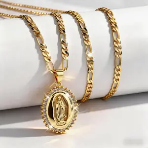 New 14K Gold Plated Virgin of Guadalupe Pendant Necklace with Durable Cubic Zirconia Cuban Link Chain for Daily Wear Parties & Religious Occasions, Valentine's Day,Anniversary Holiday Christmas  Birthday Gifts ,Mother's Day gift.