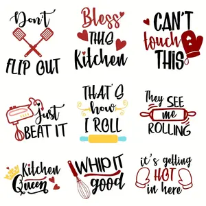9-Piece DIY Handcraft Kitchen Heat Transfer Stickers, Versatile Iron-On Decals for T-Shirts Jeans Masks Backpacks, Multi-Functional Adhesive Labels, Handmade Crafts