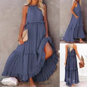 Women’s Pleated Tank Dress Summer Sleeveless Round Neck Tiered Ruffle Long Dress Flowy Beach Dress(Sheets)