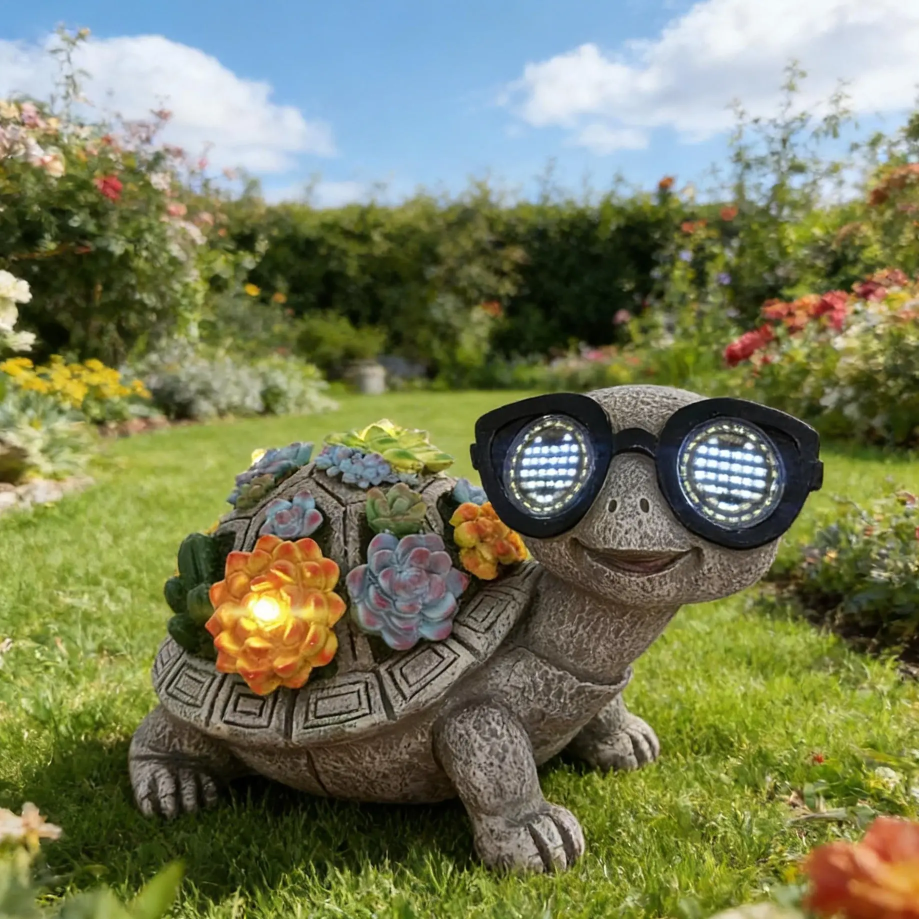 Solar Resin Turtle Statue with Cute Sunglasses, IP44 Waterproof, Solar Panels, Auto On/Off Sensor, Garden Statues & Sculptures, Ideal for Garden, Perfect Gift for Mother’s Day & New Homeowners