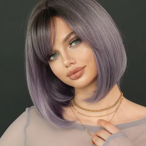 Short Grey Purple Ombre Wigs for Women 12 Inch Gorgeous Fluffy High Quality Wigs with Side-swept Bangs, Synthetic Fiber Wig, Synthetic Heat Resistant Wigs for Party Photography, Daily Use