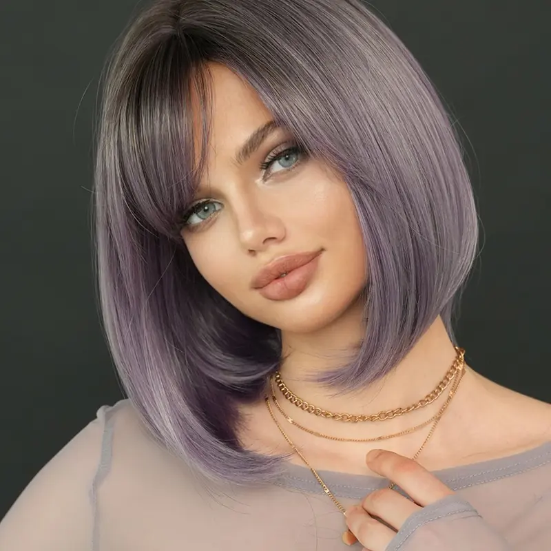 Short Grey Purple Ombre Wigs for Women 12 Inch Gorgeous Fluffy High Quality Wigs with Side-swept Bangs, Synthetic Fiber Wig, Synthetic Heat Resistant Wigs for Party Photography, Daily Use