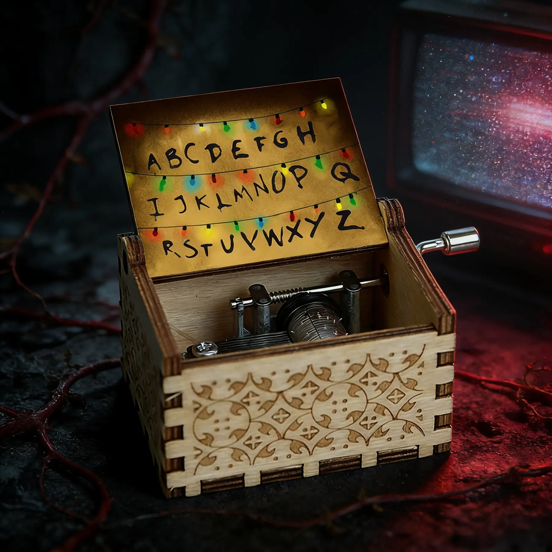 Vintage Carved Wooden Hand Crank Clockwork Music Box Musical Box
