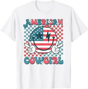 Fourth of July America Vibes Patriotic Shirt, Retro Groovy Fourth 4th of July Smile American Cowgirl Howdy T-Shirt