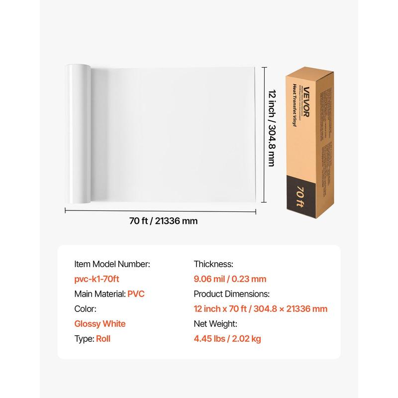 VEVOR Heat Transfer Vinyl, 12 in x 70 ft, Glossy White HTV Iron on Vinyl Roll, Easy to Cut and Weed, Strong Adhesion, Compatible with Cutting Machines, for Various Materials, T-shirts, Pillows, Hats