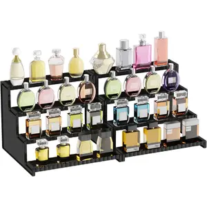 4 Tier Black Display Riser Stand with Decorative Secure Fences, Tool-free Assembly, Plastic 12 Inch Cologne Perfume Organizer, Display for Figures, Cupcake, Dessert, 2-pack