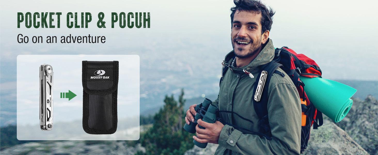 Mossy Oak 12-in-1 Multitool Pocket Knife with Pouch, Stainless Steel Multitool Knife with Clip, Survival Tools with Scissors, Bottle Opener, Wire Stripper, Glass Breaker, Screwdriv