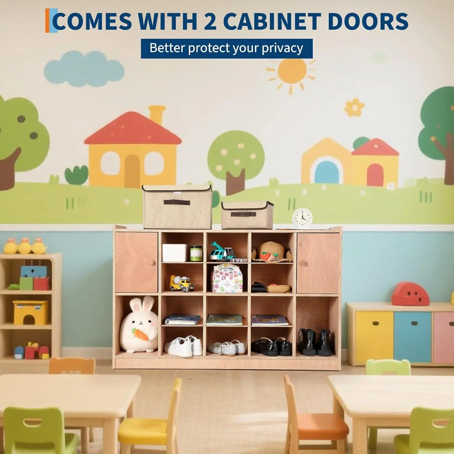 Natural Wood Wall-Mounted Furniture Wardrobe Storage Organizer Cabinet - 2 Cabinet Doors, 4 Castors, 2 Boxes, 20 Cubbies, Anti-Flip Fittings, Anti-Tip Kit, 47x11x26in, Adult Assembly Required, Stable Clothing Organization Home Solution