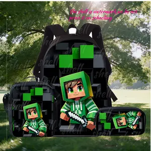 Minecraft Style 3-Piece Backpack Set, Green Hooded Pixel Character & Sword Print School Bag + Lunch Bag + Pencil Case, Oxford Cloth Adjustable Strap Daypack for Gamers & Kids