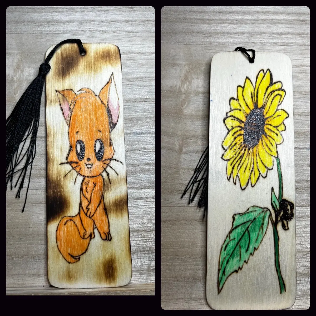 Cat and sunflower wooden bookmark